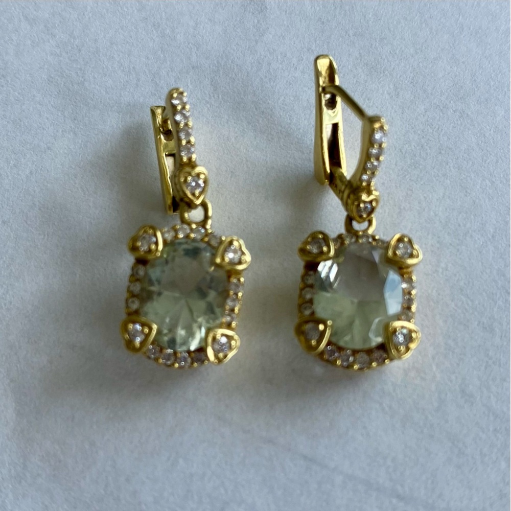 Judith Ripka 18K Gold, Diamond & Prasiolite Drop dangle Earrings. Signed - Picture 2 of 11